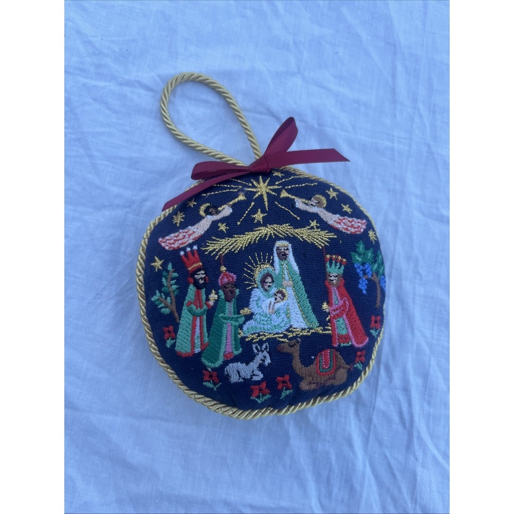 Rifle Paper Co Nativity Scene Embroidered Christmas Ornament Blue Hanging Small